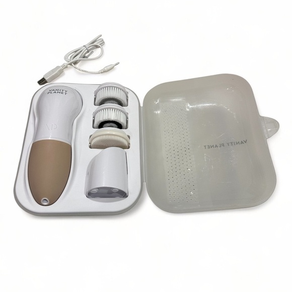 New! Vanity Planet Handheld Facial Cleansing Brush Set - White and Tan - Picture 1 of 5